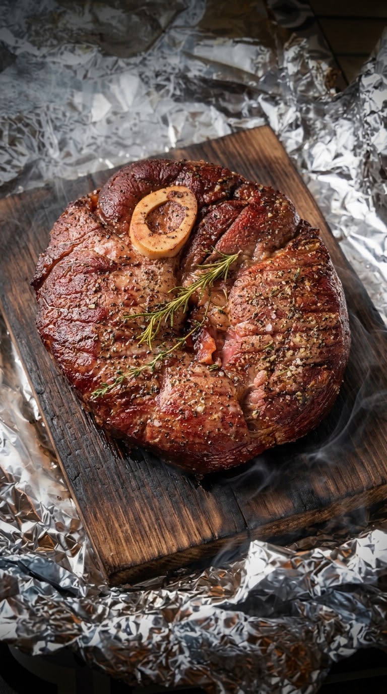 Whole smoked caveman cut, bone-in dry-aged Angus with dark pepper bark, on butcher paper