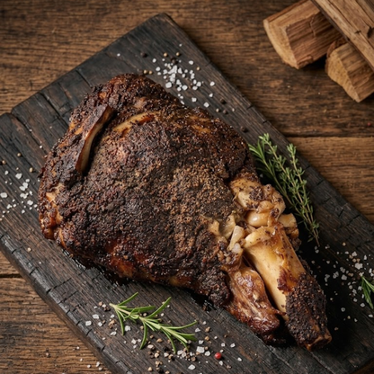 Slow-smoked 30-day dry-aged Dorper leg of lamb, sliced, from Smōk Yerevan