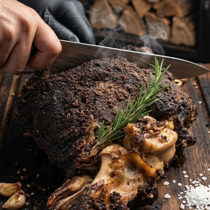 Slow-smoked 30-day dry-aged Dorper leg of lamb, sliced, from Smōk Yerevan

